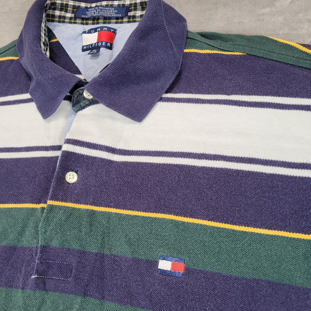 Tommy Hilfiger Y2K Mens XL Long Sleeve Striped Polo Shirt Blue Green White Rugby - Picture 2 of 6